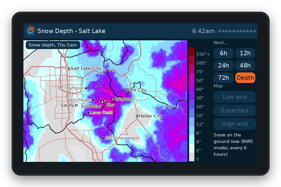 The snow depth map: snow on the ground across the Salt Lake zone, deepest in the Cottonwoods, with place names
